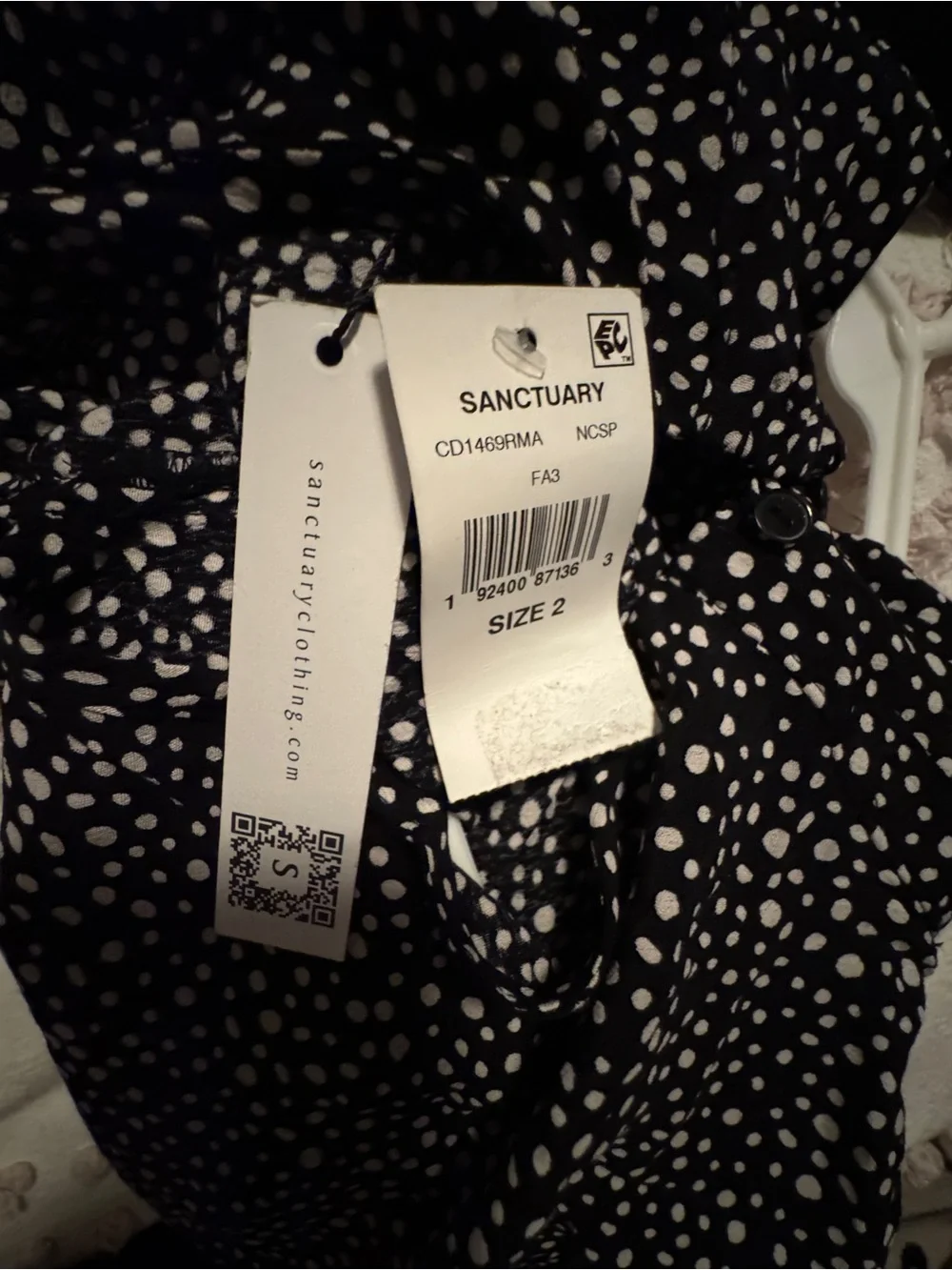 Sanctuary Black dress with White Dot Print and Tie Waist Sz 2